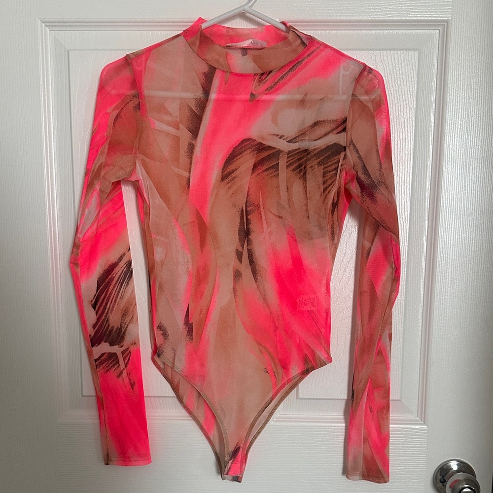 Vibrant Pink and Brown mesh Long Sleeve Bodysuit